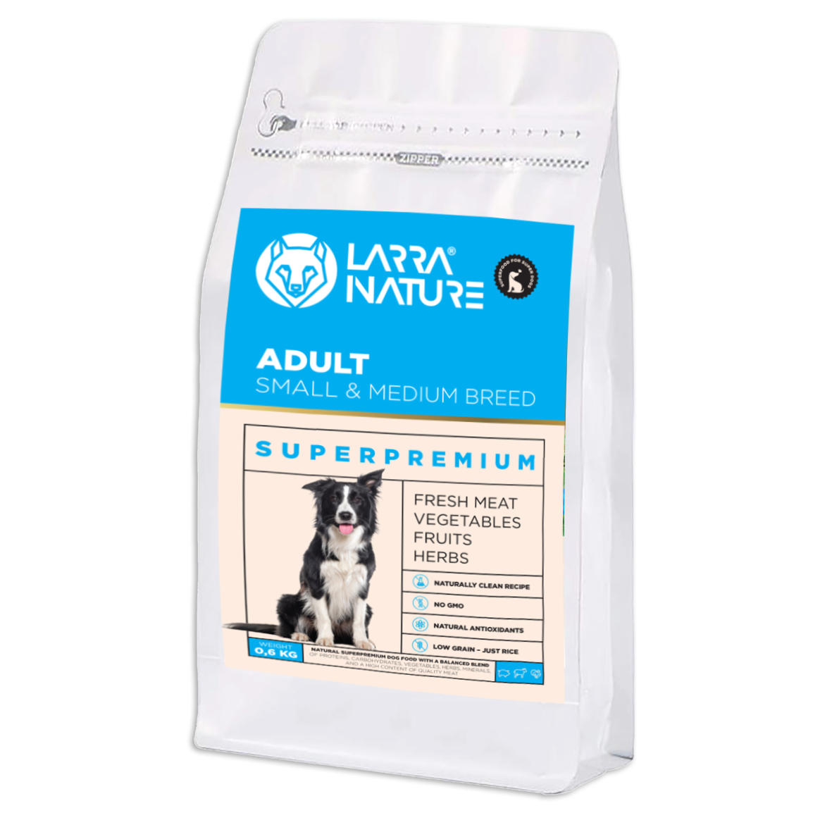 VZORKA_adult_600g Larra Nature Adult Superprémium Malé a Stredné Plemená 600 g – Obrázok 1